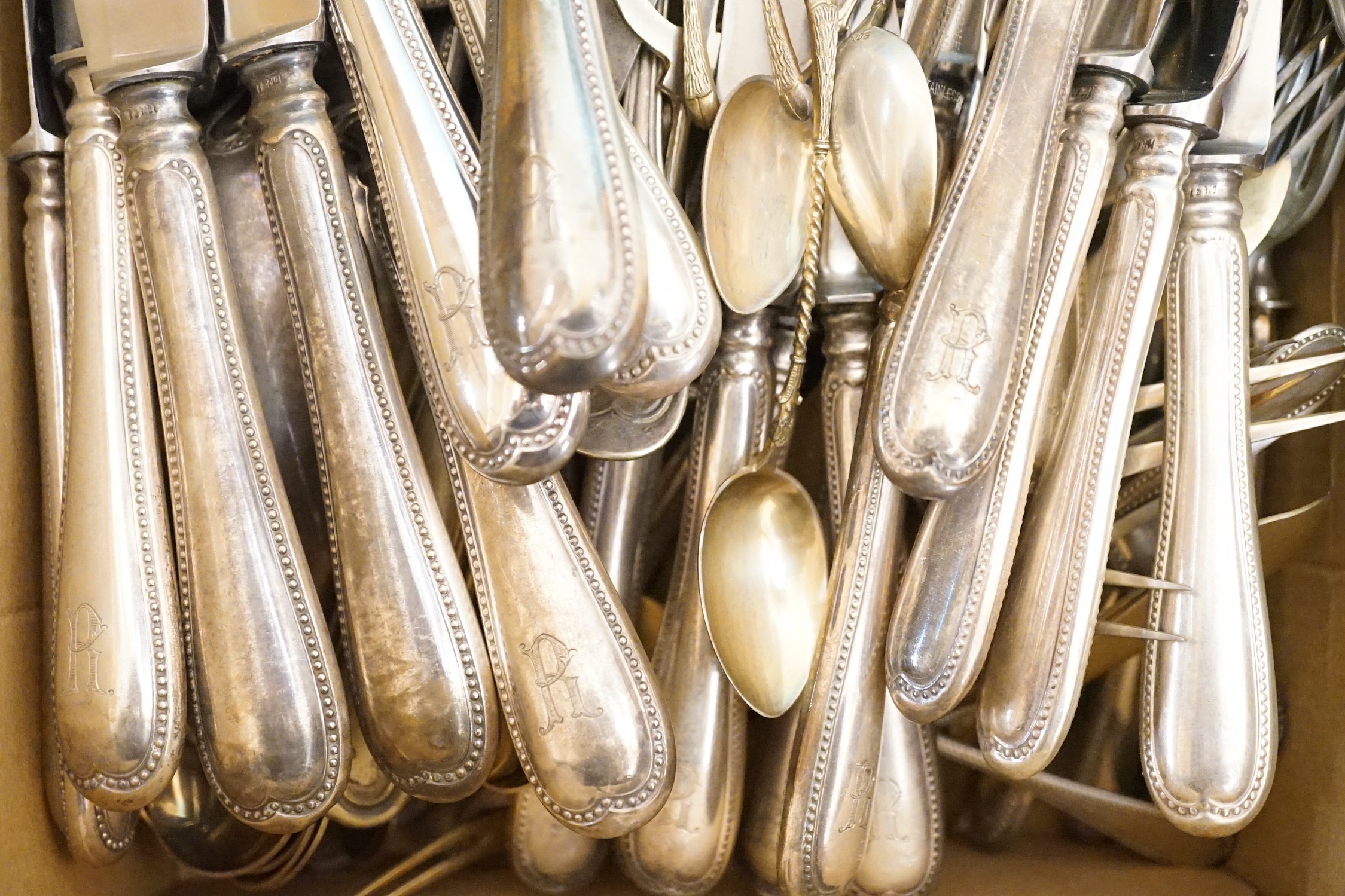 A part canteen of German 800 standard beaded pattern white metal cutlery, by H. Meyen & Co, comprising ten dessert forks, eight pairs of fish eaters, eight table forks, seven tablespoons, eighteen dessert spoons, eightee